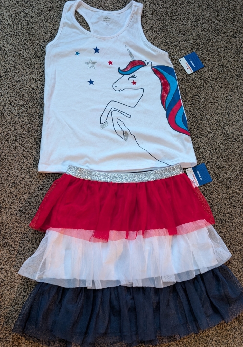 Tank Top & Tulle Skirt Matching Set - White Unicorn Print with Red, Blue & Navy